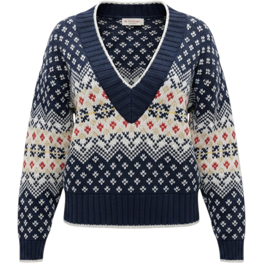 Lizsport Vintage Navy Fair Isle V-Neck Cotton Knit Sweater Womens Medium